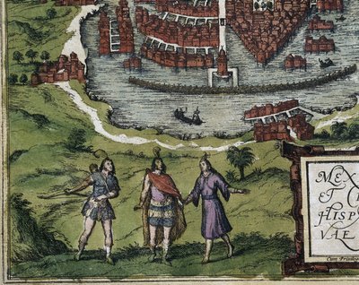 Civitatis Orbis Terrarum (Theatrum orbis terrarum). 1572-1617. Mexico City (1576). Détail avec Aztèques. Gravure. Espagne. Castille et Léon. Université de Salamanque - Georg Hogenberg Franz (1535 90) & Ortelius Abraham (1527 98) Braun