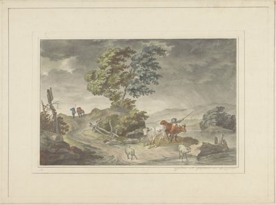 Paysage vallonné avec berger et promeneurs sous un ciel menaçant - Georg Lamprecht (possibly)