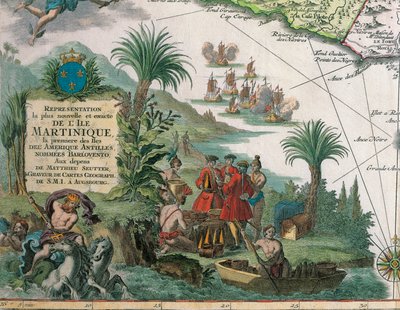 Carte de la Martinique créée par Matthieu Seutter, détails : Marchands et Indien d