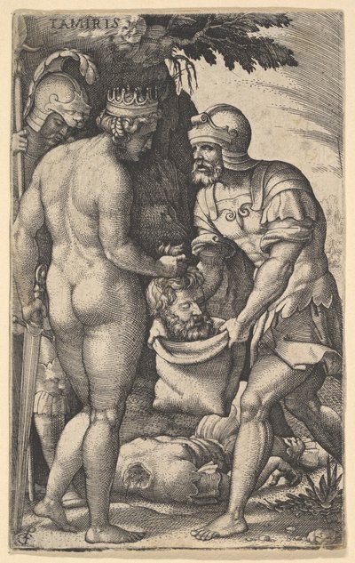 Tomyris, montrée nue de dos, plaçant la tête de Cyrus dans un sac tenu par un soldat, ca. 1539 - Georg Pencz