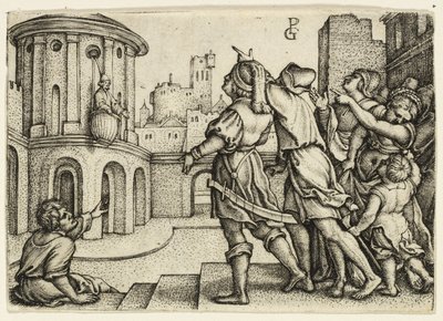 Virgile le magicien suspendu dans le panier - Georg Pencz