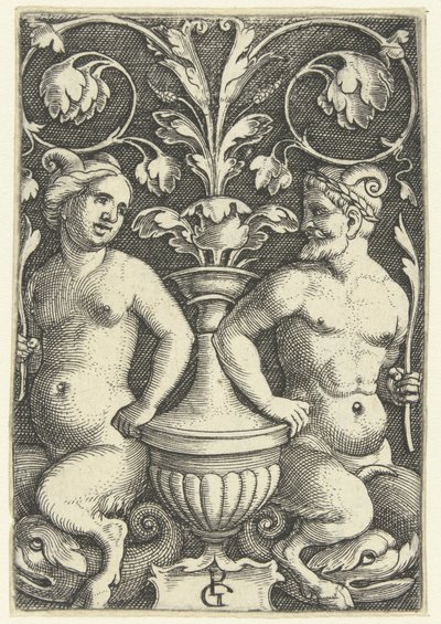 Satyre mâle et femelle (Décorations plates avec grotesques et rinceaux) - Georg Pencz
