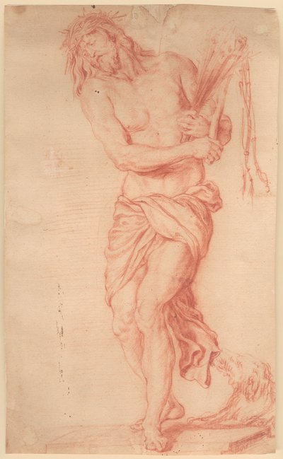 Ecce Homo. Christ souffrant debout avec des verges et un fouet noué ainsi qu