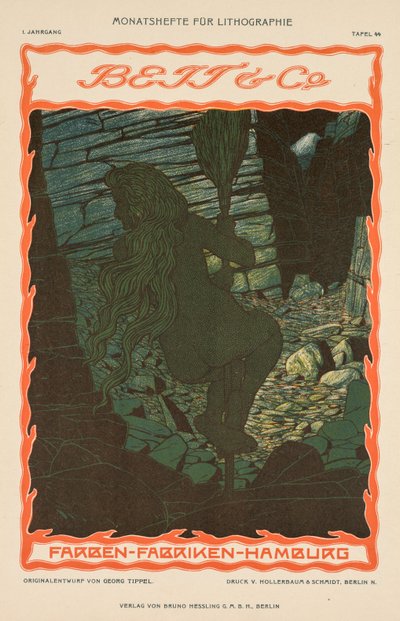 Femme nue sur un balai (de la série publicitaire pour tissus colorés, Beit & Co., Hambourg) - Georg Tippel