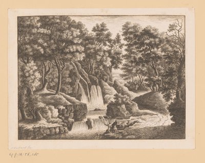 Cascade dans la forêt avec deux pêcheurs au premier plan - Georg Wolfgang Knorr (possibly)