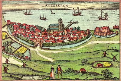 Ville de Landskrona, port anti-hanséatique, Danemark - Georg and Hogenberg Franz (1535 90) Braun