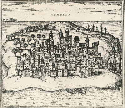 Ville de Mombasa au Kenya, gravure de Civitates Orbis Terrarum - Georg Braun and Hogenberg Franz