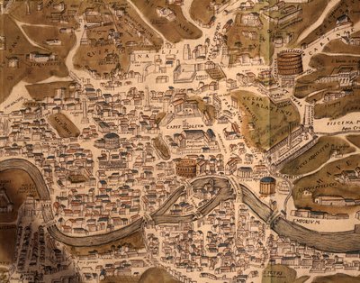 Ville de Rome, planche de carte, détail de Civitates orbis terrarum, Villes du Monde, par Georg Braun (1541-1622) et Franz Hogenberg (1535-1590), actifs à Cologne, gravure, Italie - Georg Braun and Hogenberg Franz