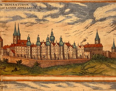 République Tchèque, Prague, Vue du Palais, gravure en couleur du Civitates Orbis Terrarum - Georg Braun and Hogenberg Franz