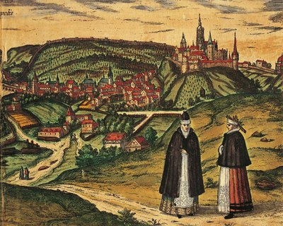 République tchèque, Prague, Vue de la ville avec la citadelle en arrière-plan, gravure en couleur de Civitates Orbis Terrarum par Georg Braun (1541-1622) et Franz Hogenberg (1535-1590) - Georg Braun and Hogenberg Franz
