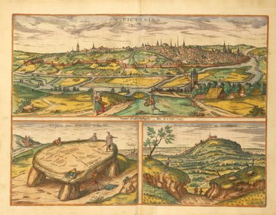 Dolmen près de Poitiers et ville de Poitiers et Montherre du Civitates Orbis Terrarum par Georg Braun - Georg Braun and Hogenberg Franz