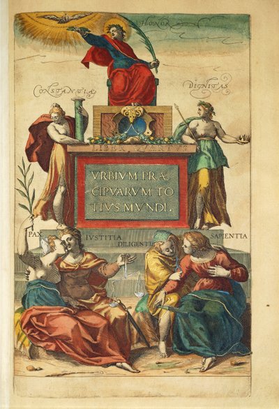 Frontispice du volume IV représentant des figures allégoriques du Civitates Orbis Terrarum par Georg Braun - Georg Braun and Hogenberg Franz