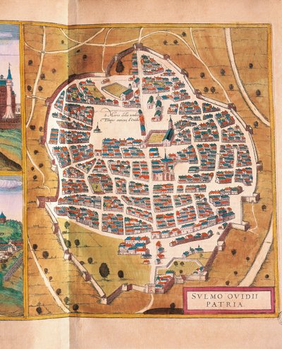Italie, Sulmona, La ville de Sulmona de Civitates Orbis Terrarum - Georg Braun and Hogenberg Franz