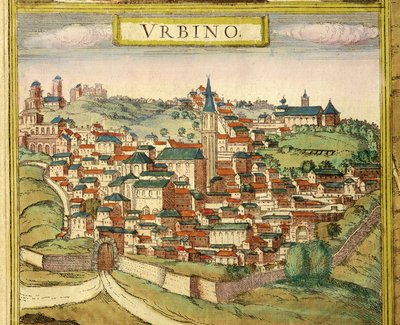 Italie, Urbino, Vue de la ville, gravure en couleur de Civitates Orbis Terrarum par Georg Braun et Franz Hogenberg - Georg Braun and Hogenberg Franz
