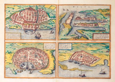 Carte de Cagliari, Malte, Rhodes et Famagouste de Civitates Orbis Terrarum par Georg Braun - Georg Braun and Hogenberg Franz