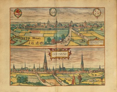 Carte de Lippe et Dortmund du Civitates Orbis Terrarum par Georg Braun - Georg Braun and Hogenberg Franz