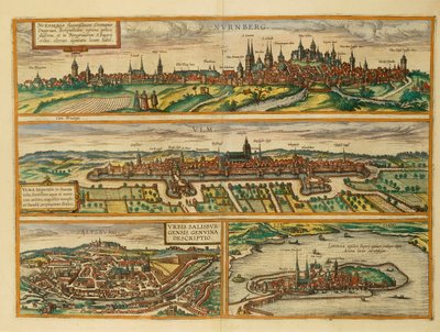 Carte de Nuremberg, Ulm, Salzbourg et Lindau de Civitates Orbis Terrarum par Georg Braun - Georg Braun and Hogenberg Franz