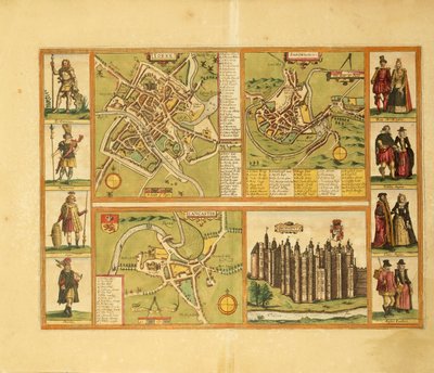 Carte de York, Shrewbury, Lancaster et Château de Richmond de Civitates Orbis Terrarum par Georg Braun - Georg Braun and Hogenberg Franz