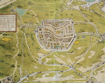 Pays-Bas, carte de la ville et de la région de Leiden du Civitates Orbis Terrarum par Georg Braun et Franz Hogenberg, Cologne, gravure - Georg Braun and Hogenberg Franz