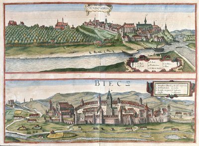 Sandomierz et Biecz, Pologne (gravure) - Georg Braun and Hogenberg Franz