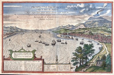 Le détroit de Messine, entre la Sicile et la Calabre (Italie) (gravure) - Georg Braun and Hogenberg Franz