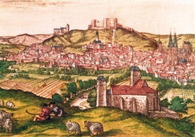 Ville de Burgos en Espagne avec bergers et troupeau de moutons au premier plan (1576). Gravure dans Civitatis Orbis Terrarum - Georg Braun and Hogenberg Franz