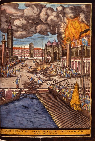 Le Grand Incendie du Palais des Doges sur la place Saint-Marc à Venise en 1577. Gravure de George Braun dans "Civitatis Orbis Terrarum" Volume I écrit par Franz Hogenberg (1535-1590) - Georg Braun and Hogenberg Franz
