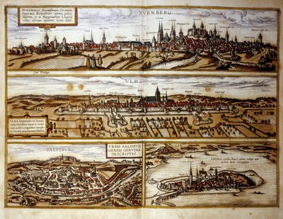 Vue des villes allemandes de Nuremberg et Ulm, Salzbourg, Autriche. Gravure de l
