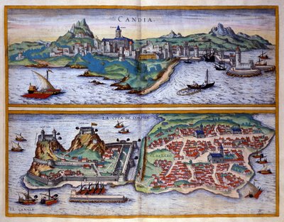 Vue du port de Candie en Crète et du port de Corfou en Grèce - Georg Braun and Hogenberg Franz