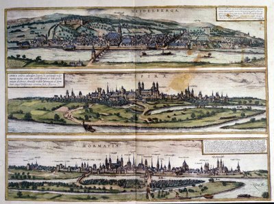 Vues de trois villes en Allemagne : Heidelberg, Spire, Worms. Atlas de Braun et Hogenberg. 1550. - Georg Braun and Hogenberg Franz