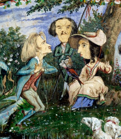 Éventail de caricatures peintes à la gouache par George Sand (Aurore Dupin, Baronne Dudevant) (1804-1876) et Auguste Charpentier (1815-1880) : détail représentant la femme de lettres George Sand, entourée d