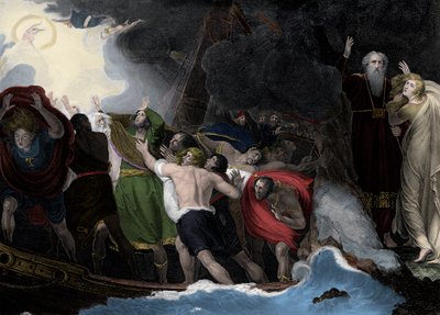Prospero et Miranda, à droite, debout sur l