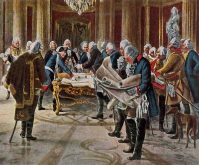 Frédéric le Grand tient un conseil de guerre avec ses généraux, août 1756 (lithographie couleur agrandie) - George (after) Schobel