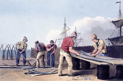 Pêcheurs grattant et nettoyant les restes de baleines de "Le costume du Yorkshire", gravé par Robert Havell (1769-1832) 1814 - George (after) Walker