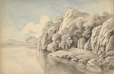 Rive de rivière avec hautes roches - George Barret