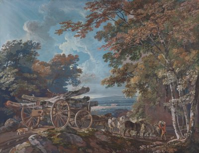 Chariot de bois sur une route accidentée (une paire) - George Barret