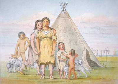 Une famille Comanche devant leur tipi - George Catlin