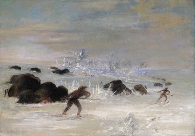 Indiens Assiniboines poursuivant un bison en raquettes - George Catlin