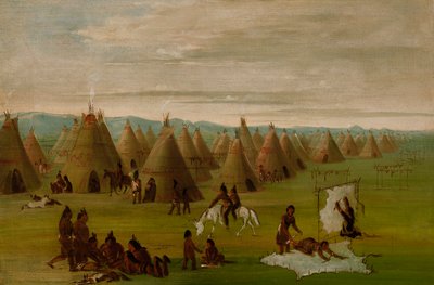 Village comanche, femmes habillant des robes et séchant de la viande - George Catlin