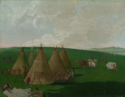 Sioux campés sur le haut Missouri, habillant la viande et les robes de bison - George Catlin