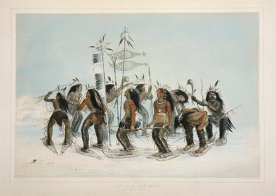 La Danse des raquettes, pub. 1845 lithographie en couleur - George Catlin