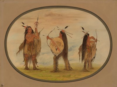 Trois guerriers Mandan armés pour la guerre - George Catlin