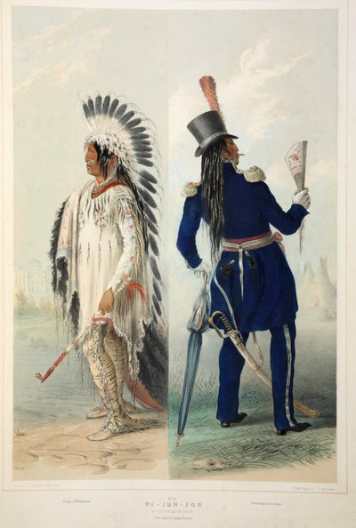 Wi-Jun-Jon, un chef Assinneboin, lithographie en couleur publiée en 1845 - George Catlin