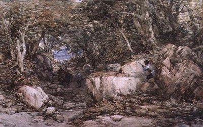 Vallée forestière avec des voyageurs approchant d