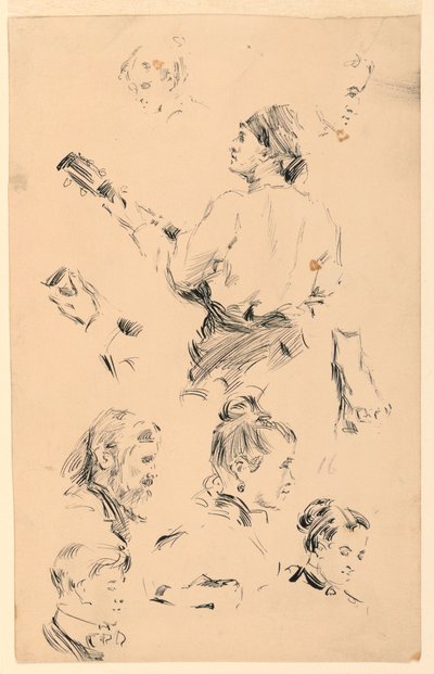 Esquisses de têtes, une main, un pied et un musicien - George Charles Aid