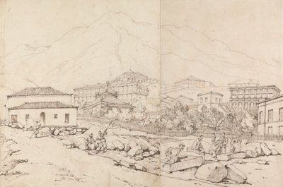 Bâtiment sur une colline dans un village montagneux (Chine ?) - George Chinnery