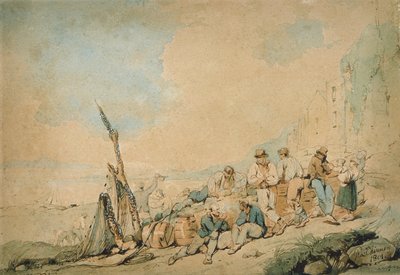 Scène côtière avec personnages près d