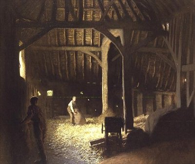 Intérieur de grange avec des garçons travaillant - George Clausen