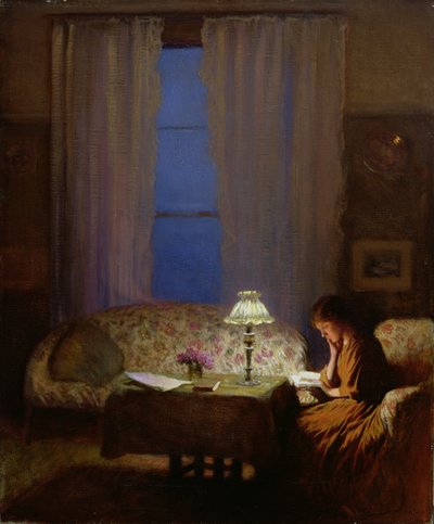 Lecture à la lumière de la lampe (Crépuscule : Intérieur) - George Clausen