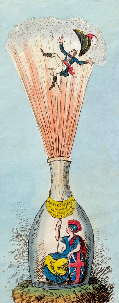 Britannia faisant exploser le Conjurateur de Bouteilles Corse - 1803 - Les satiristes britanniques attaquaient continuellement la légitimité du régime napoléonien - par George Cruikshank. - George Cruikshank